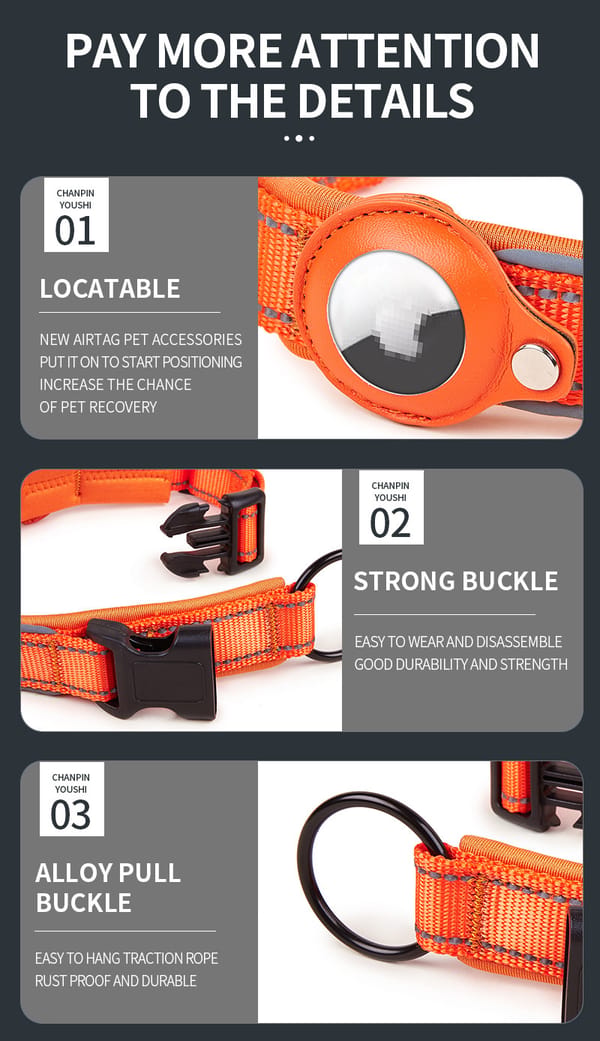 Orange pet collar with features highlighted on a white background