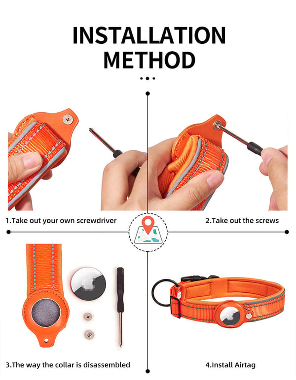 Step-by-step guide on installing an Airtag on a dog collar with illustrations and text.