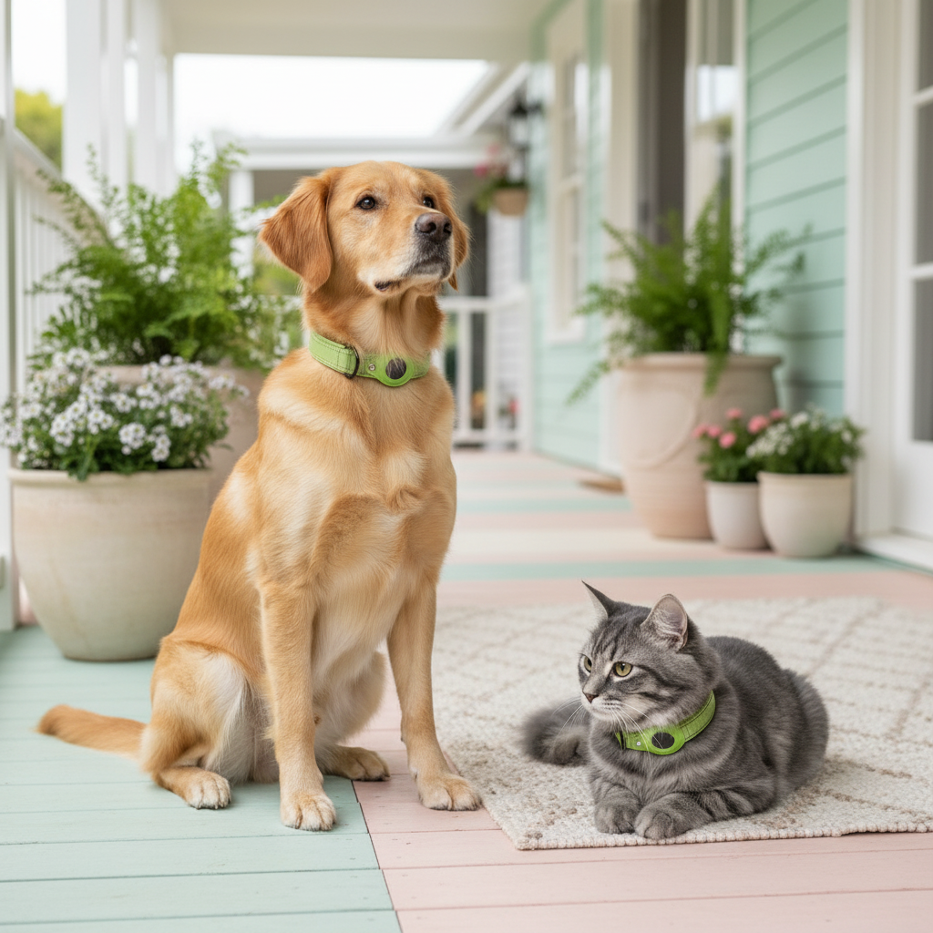 Dog and cat sitting on a porch with potted plants in the background