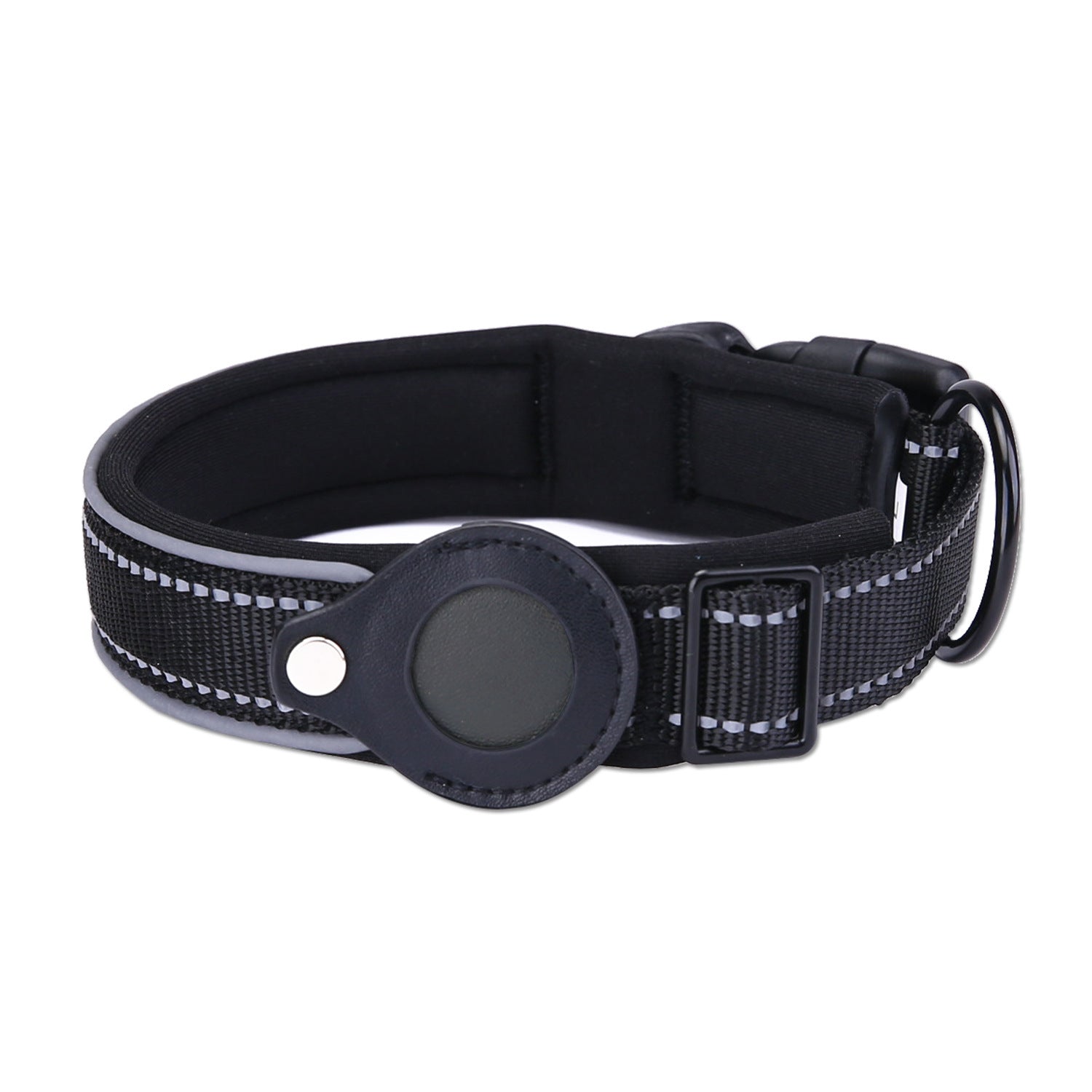 Black dog collar with a reflective strip on a white background