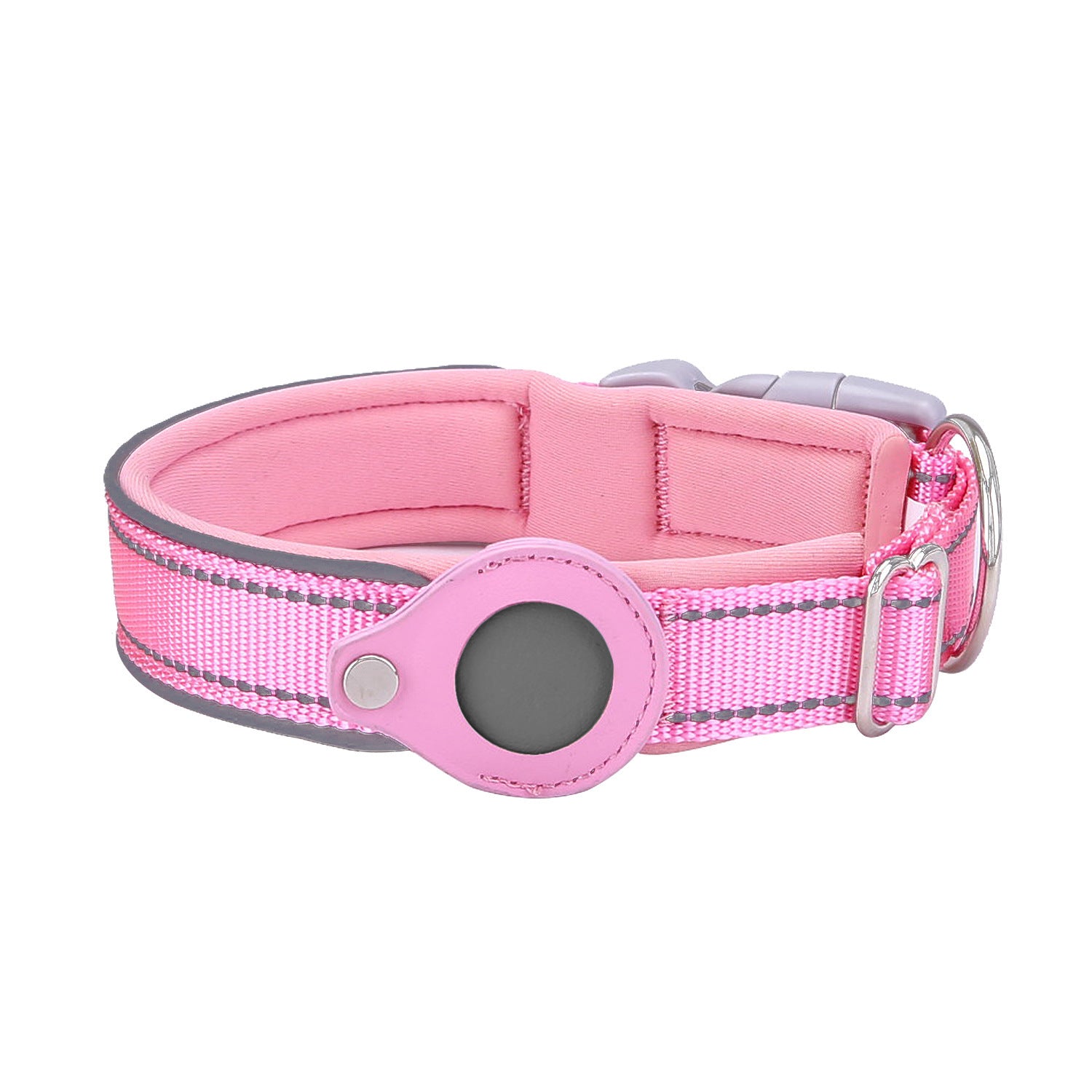 Pink dog collar with reflective strip on a white background