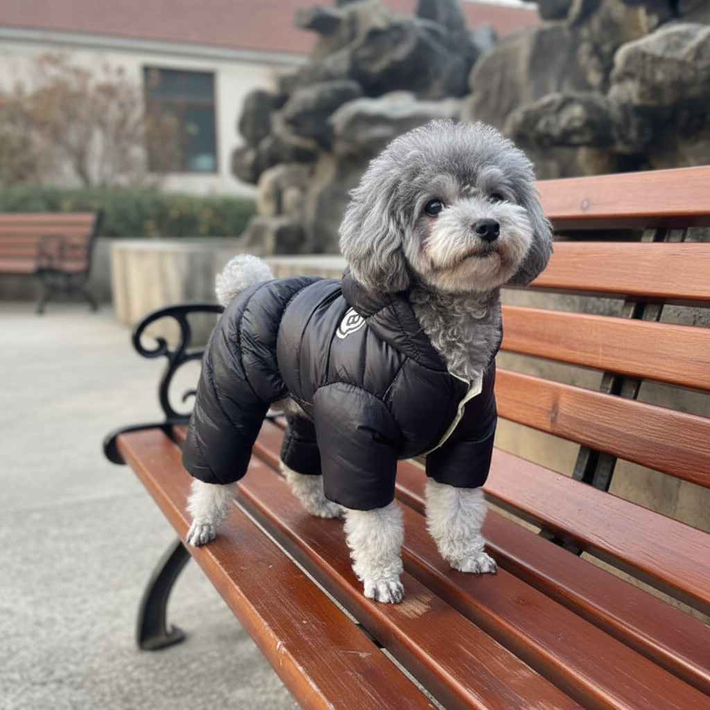 Small dog wearing a black puffer coat sitting on a wooden bench outdoors.