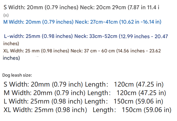 Measurement chart for dog leashes with size specifications.