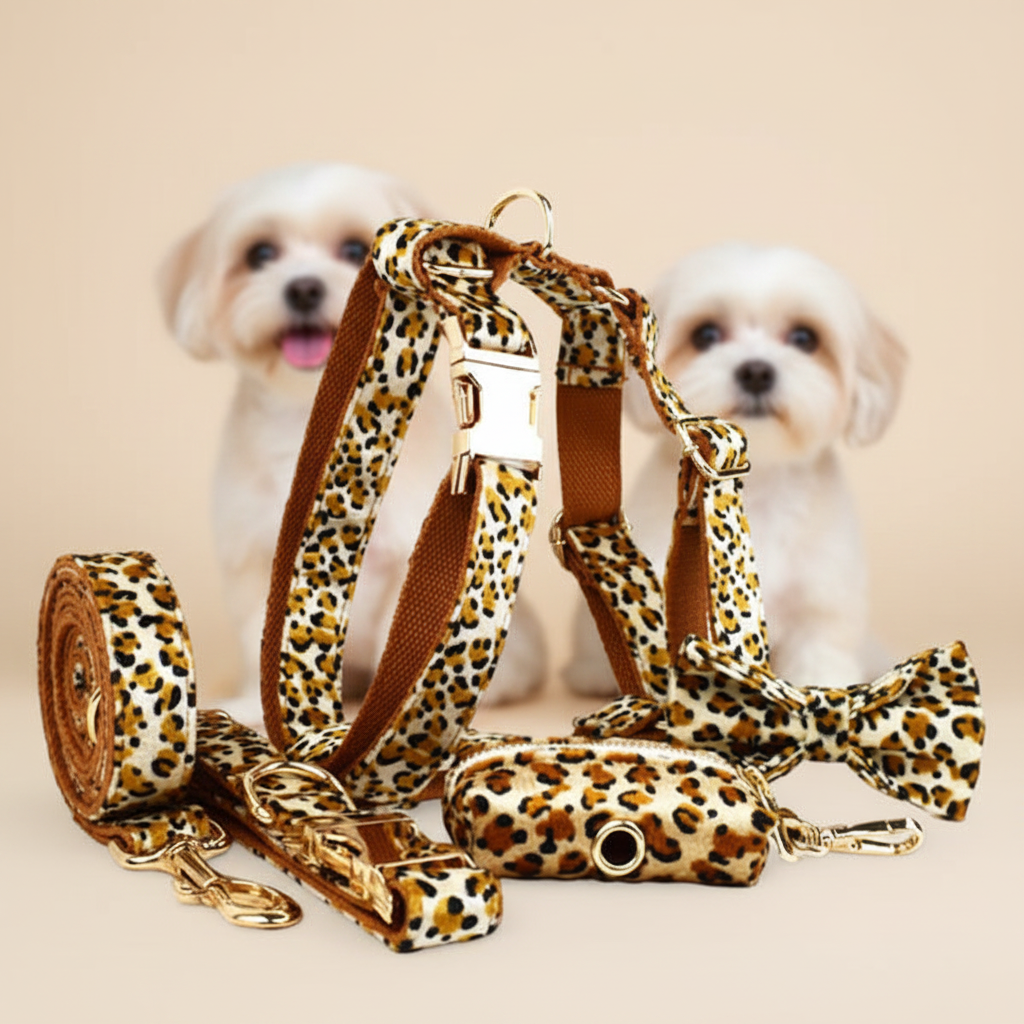 Leopard print dog harness, leash, and collar set with two small dogs in the background.
