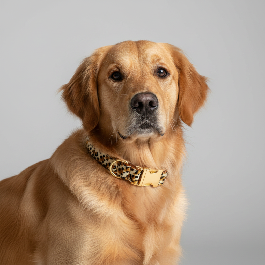 Dog wearing a leopard print collar on a gray background