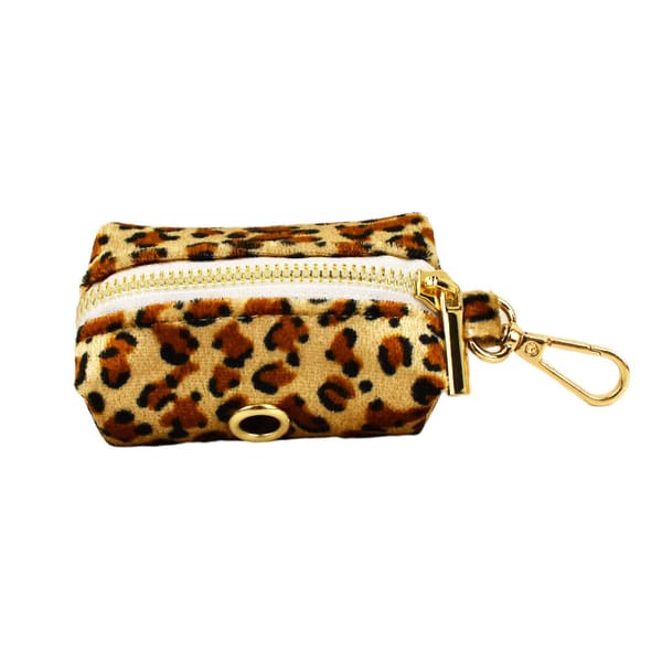Leopard print coin purse with gold zipper and clasp on a white background