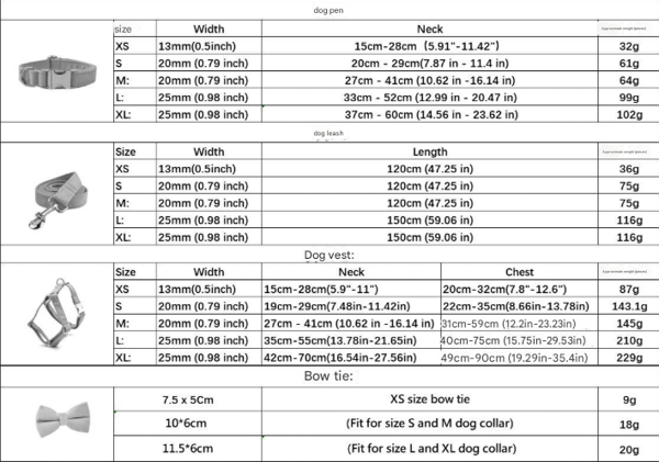 Measurement chart for dog collars, leads, and bow ties with size specifications.