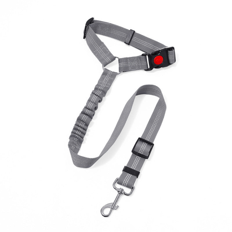 2PC Grey Adjustable Dog Car Safety Seat Belt Leash - Anti-Shock Bungee Headrest Restraint with Reflective Stitching & 316 Stainless Steel Clip