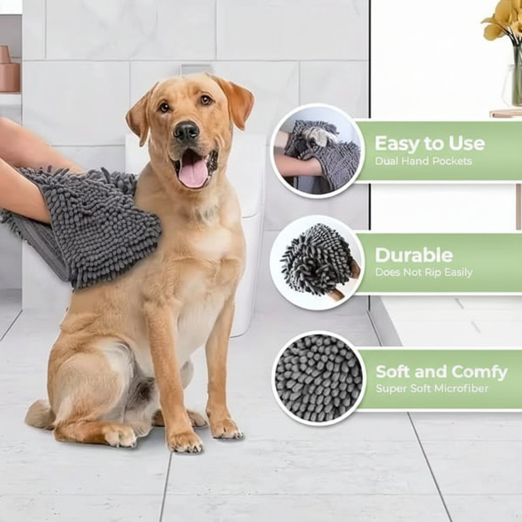 Dog sitting on a tiled floor with a gray towel draped over its back, surrounded by product features.