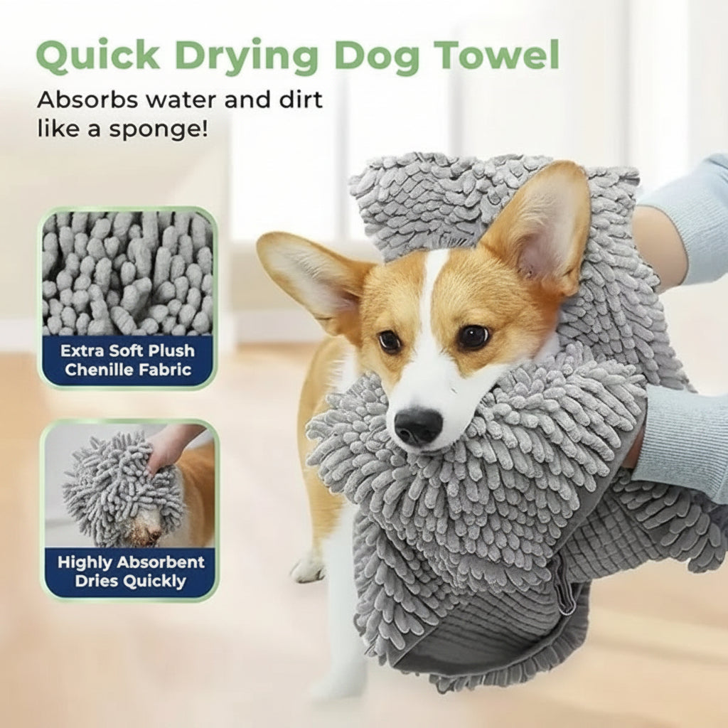 Dog wrapped in a gray quick-drying towel with text highlighting its features.