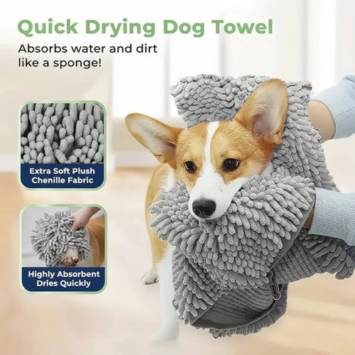 Dog wrapped in a gray quick-drying towel with text highlighting its features.