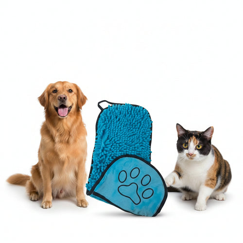 Blue pet grooming glove with a paw print design on a white background.