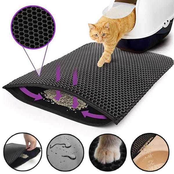 Cat litter mat with a cat walking on it, showing texture and features.
