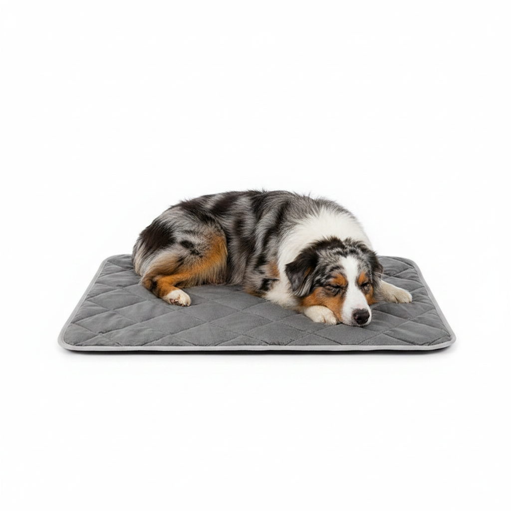 Dog lying on a gray quilted mat with a white background