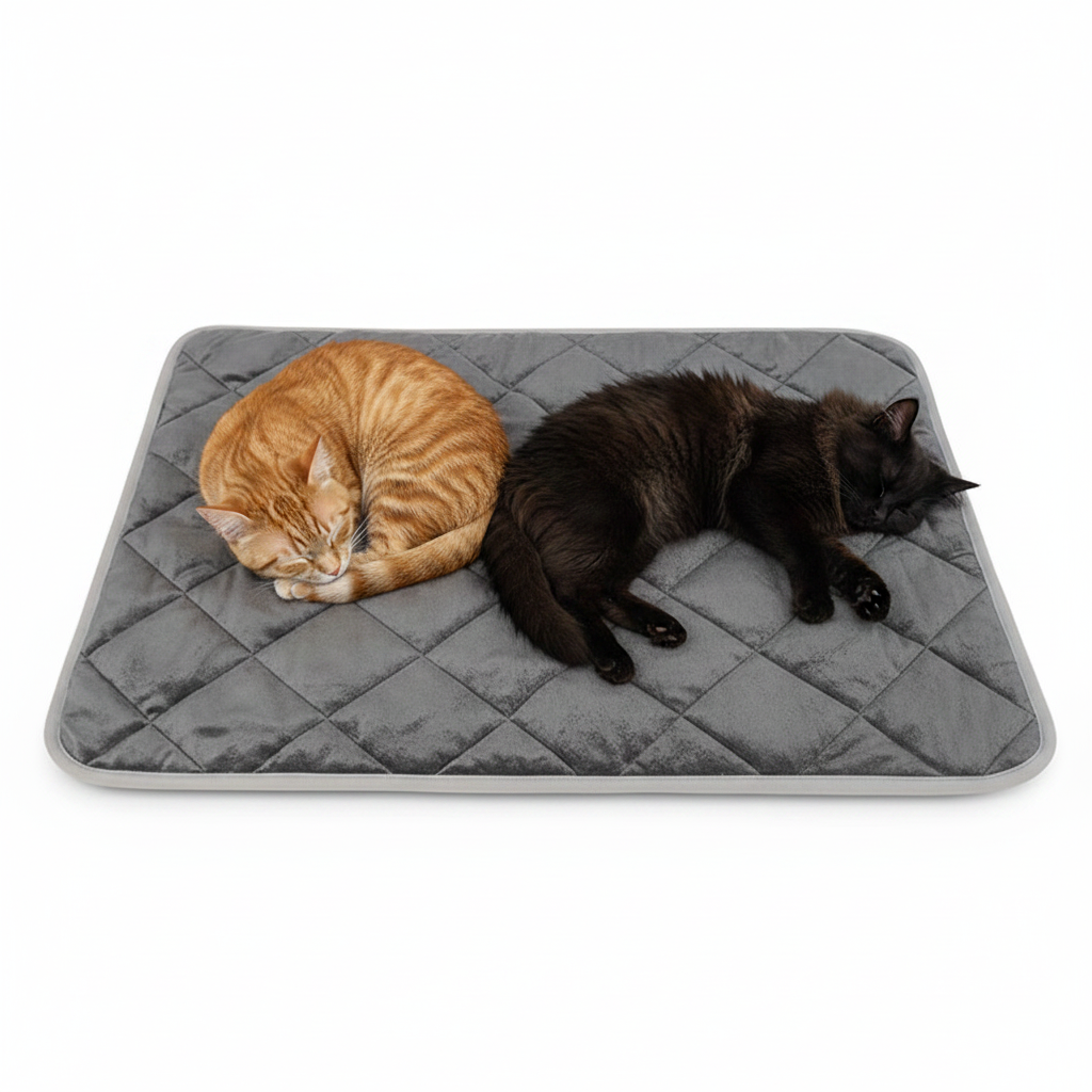 Two cats sleeping on a gray quilted mat against a white background
