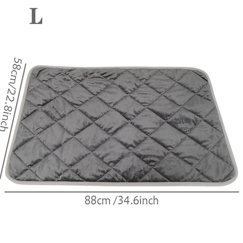 Gray quilted mat with dimensions on a white background