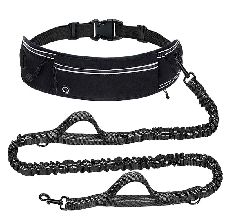 Black waist bag with a long bungee leash on a white background