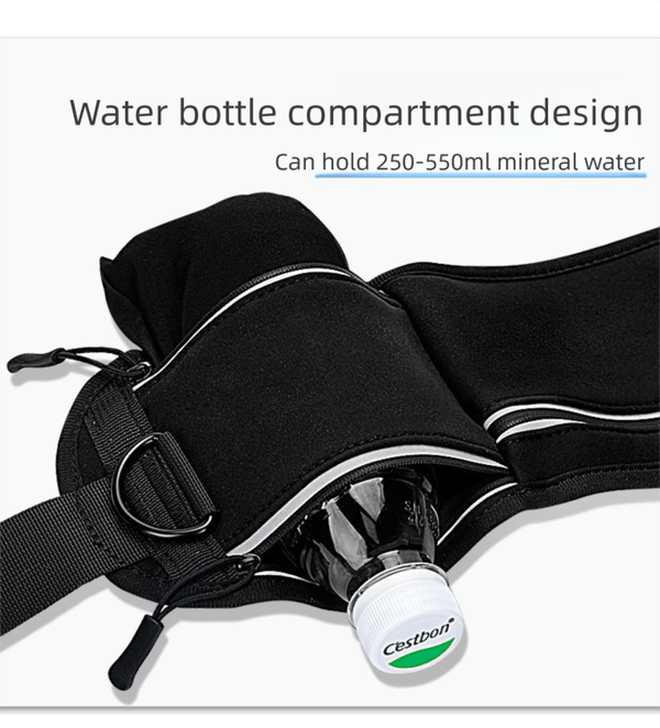 Black waist bag with water bottle compartment holding a 'Cast Iron' brand water bottle.