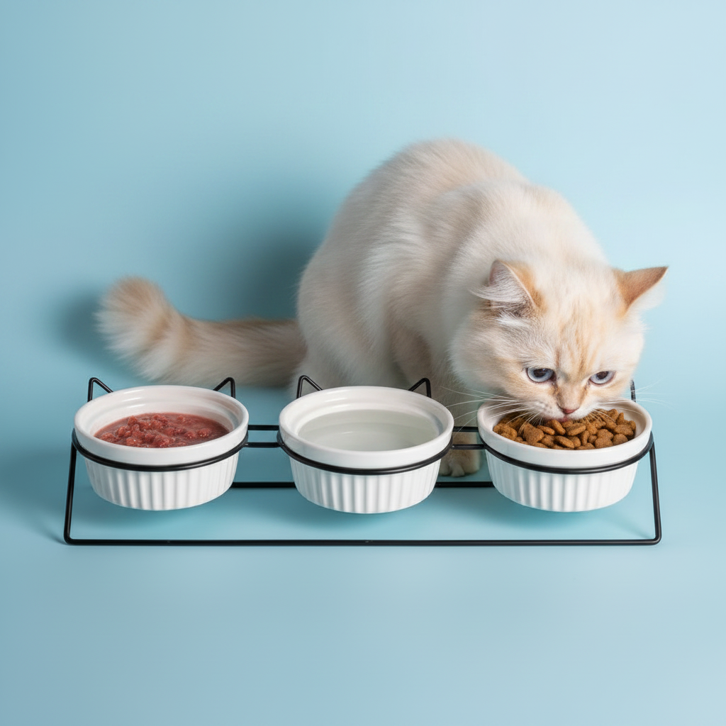Three white pet bowls on a black metal stand against a light blue background