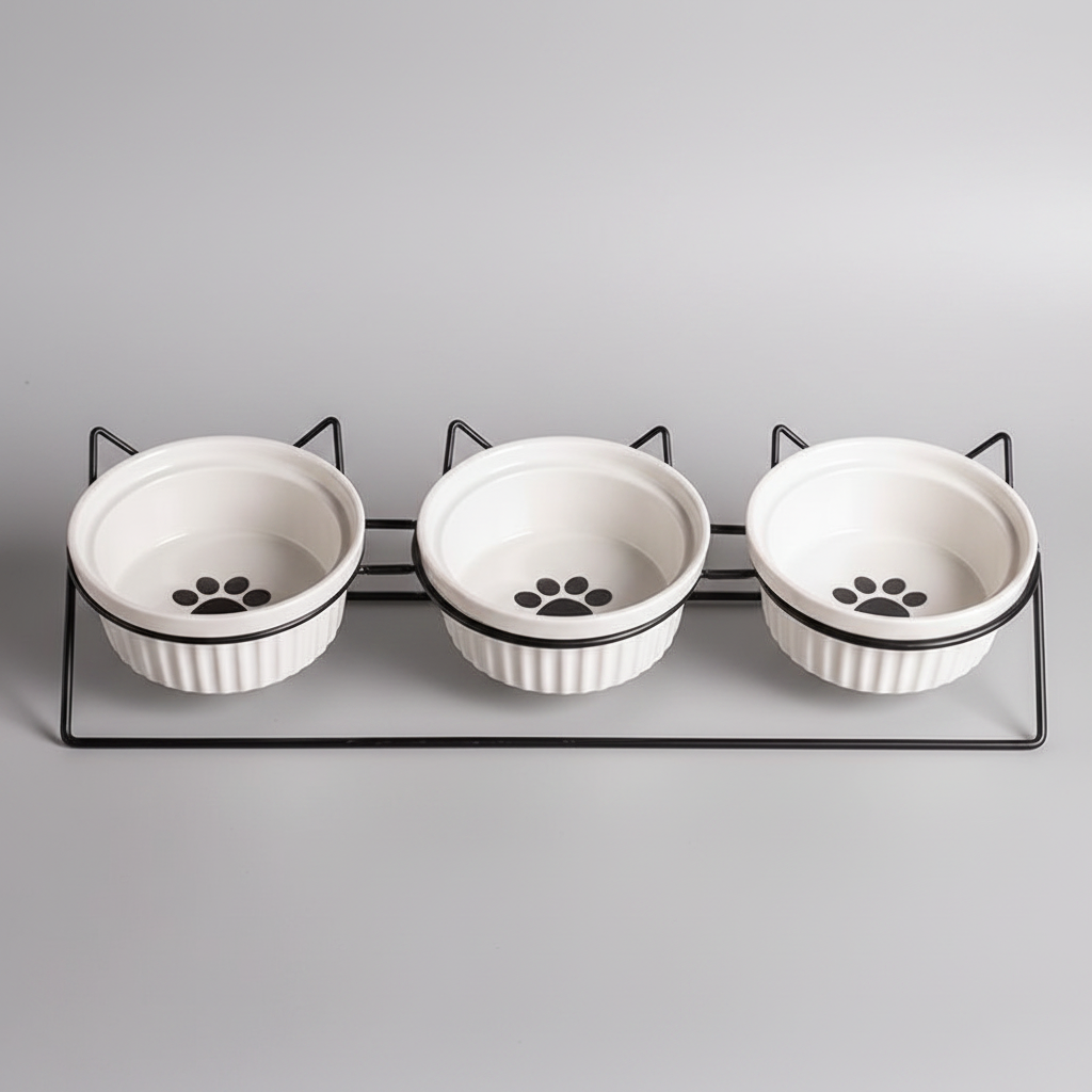 Three white ceramic pet bowls with black paw prints on a metal stand against a gray background