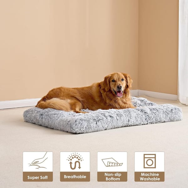 Dog lying on a fluffy gray pet bed with product features displayed below.