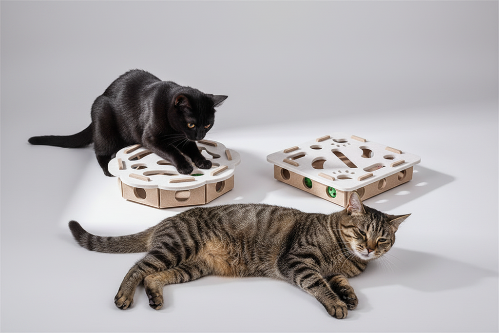 Two cats interacting with a set of cat toys on a light gray background