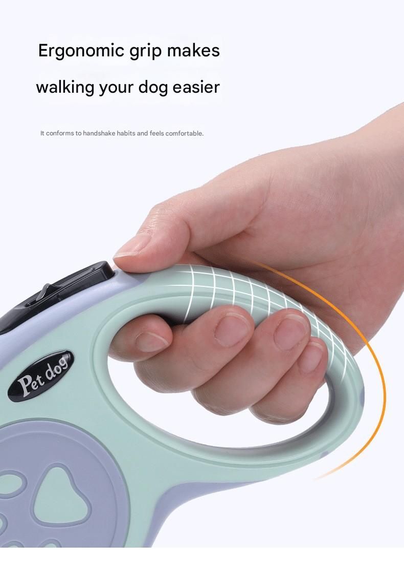 Hand holding a retractable dog leash with ergonomic grip, labeled 'Pet Dog'.