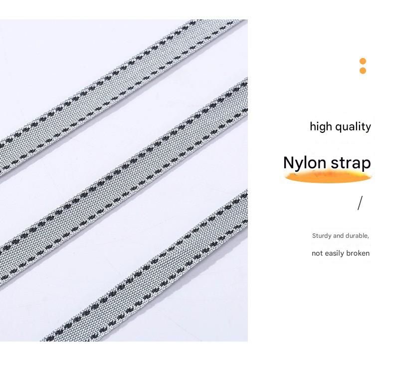 Nylon strap with text highlighting its quality and durability on a white background