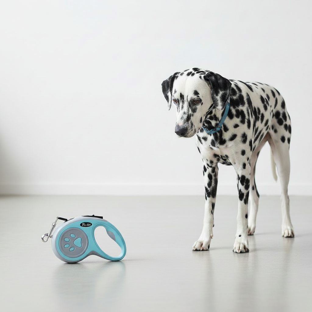 Dalmatian dog standing next to a blue retractable dog leash on a light gray floor.