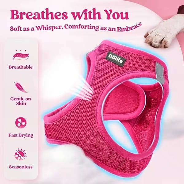 Pink pet harness with text highlighting features on a pink background