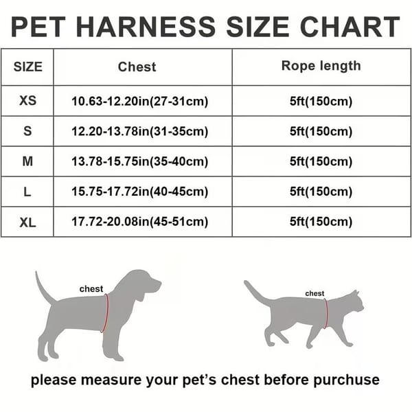 Pet harness size chart with measurements for chest and rope length.