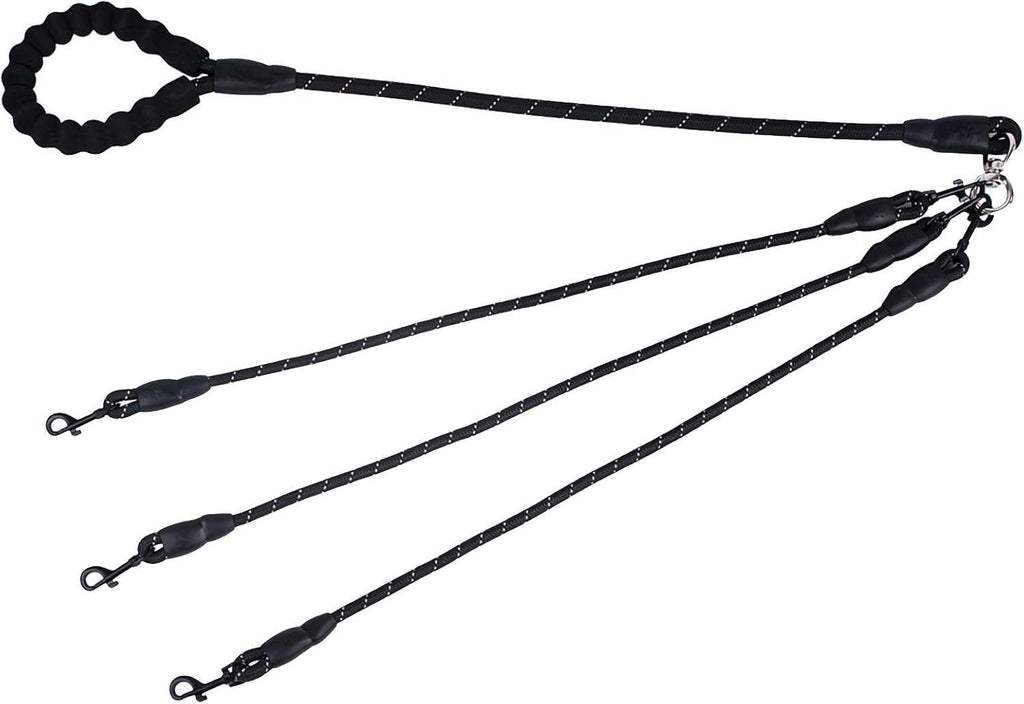 Black 3-in-1 No-Tangle Dog Leash for 1-3 Small Large Dogs – Heavy Duty 360° Swivel Bungee Coupler with Reflective Nylon Braid & Padded Handle