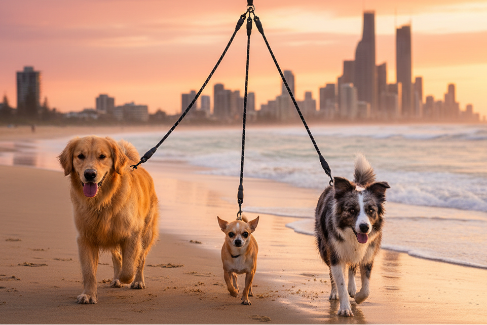 Three dogs on leashes being walked on a beach with a city skyline in the background during sunset.