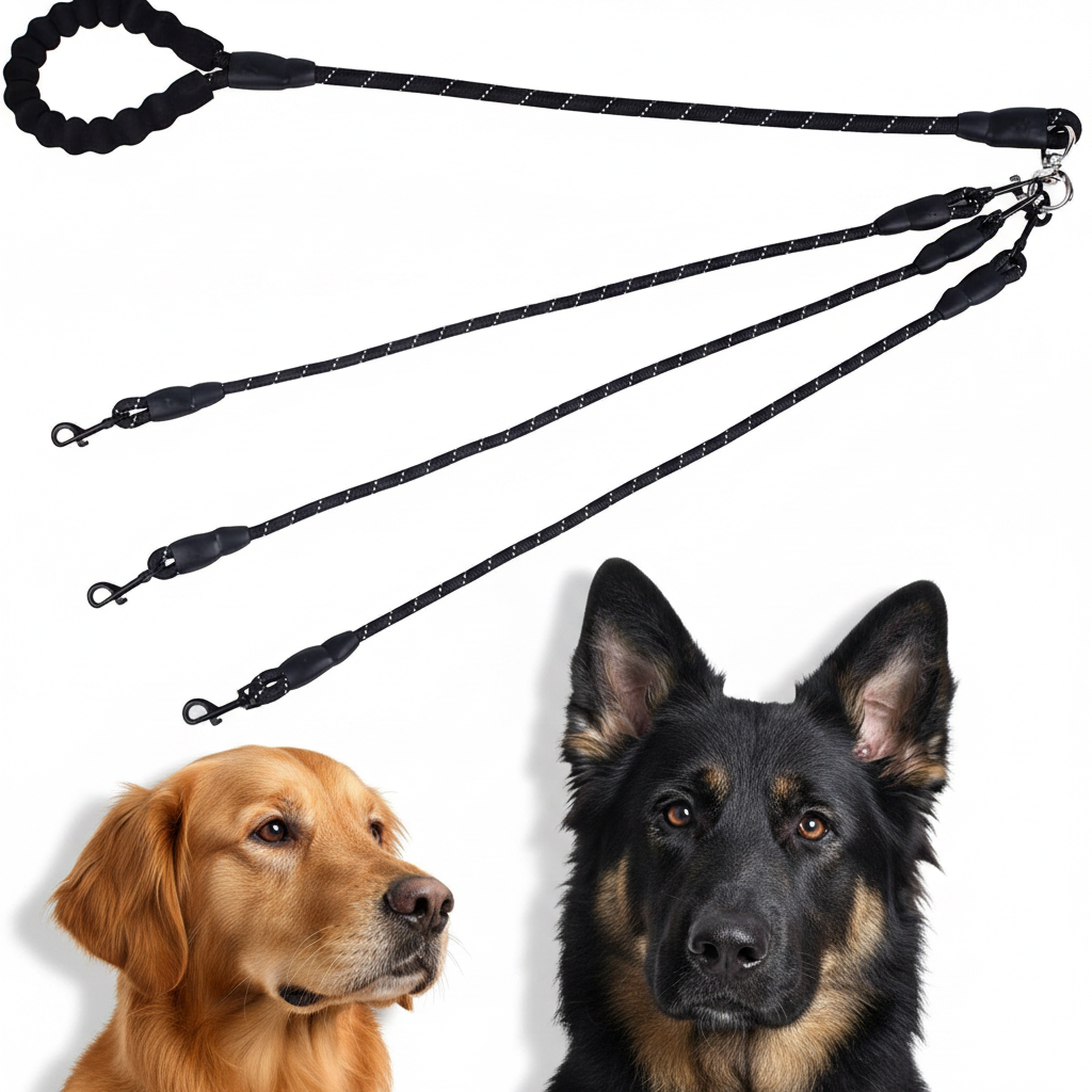 Black dog leash with two dogs, a golden retriever and a German Shepherd, on a white background.