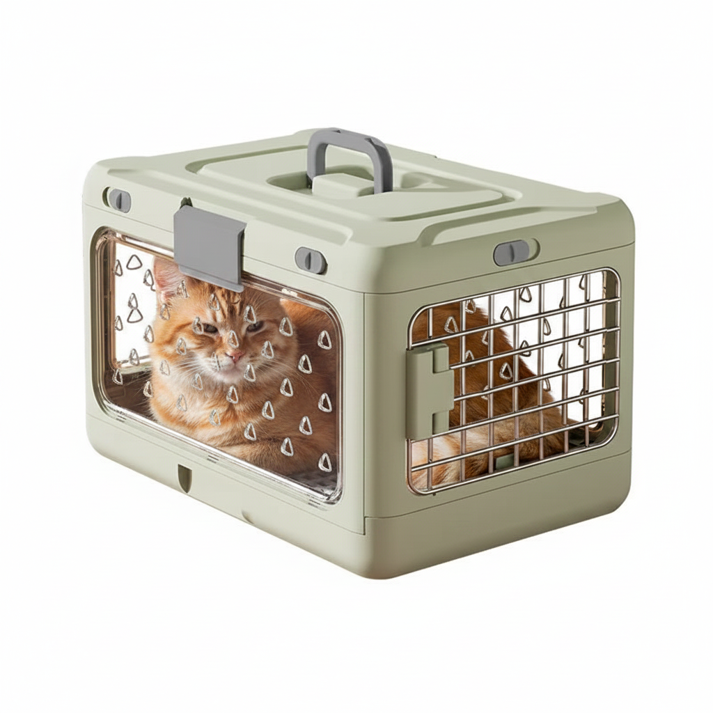 Cat in a beige pet carrier on a white background