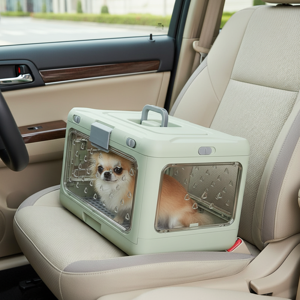 Dog in a pet carrier inside a car