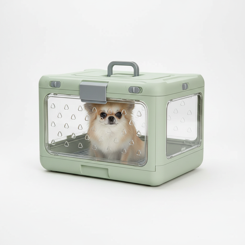 Pet carrier with a small dog inside on a white background
