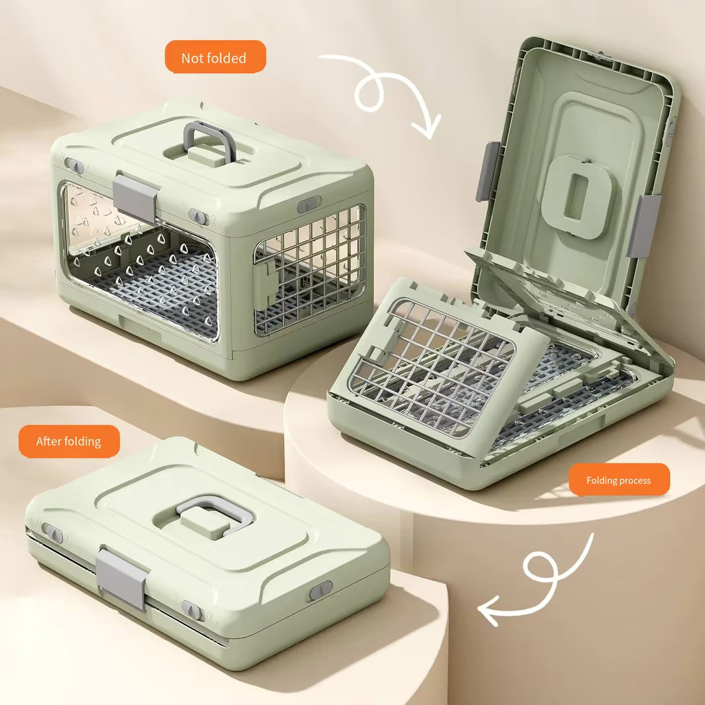 Green pet carrier shown in unfolded, folded, and folding-in-half positions on a beige background.