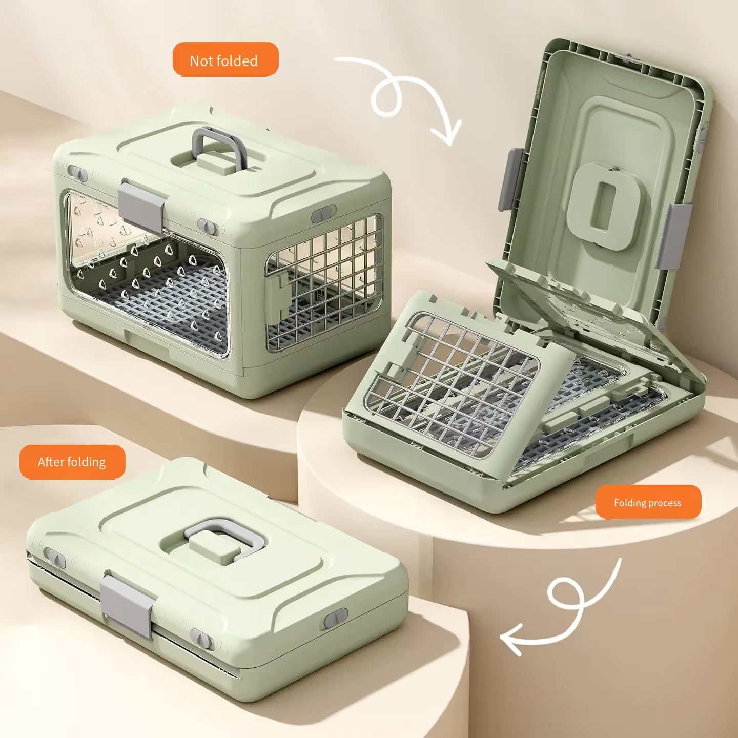 Green pet carrier shown in unfolded, folded, and folding-in-half positions on a beige background.