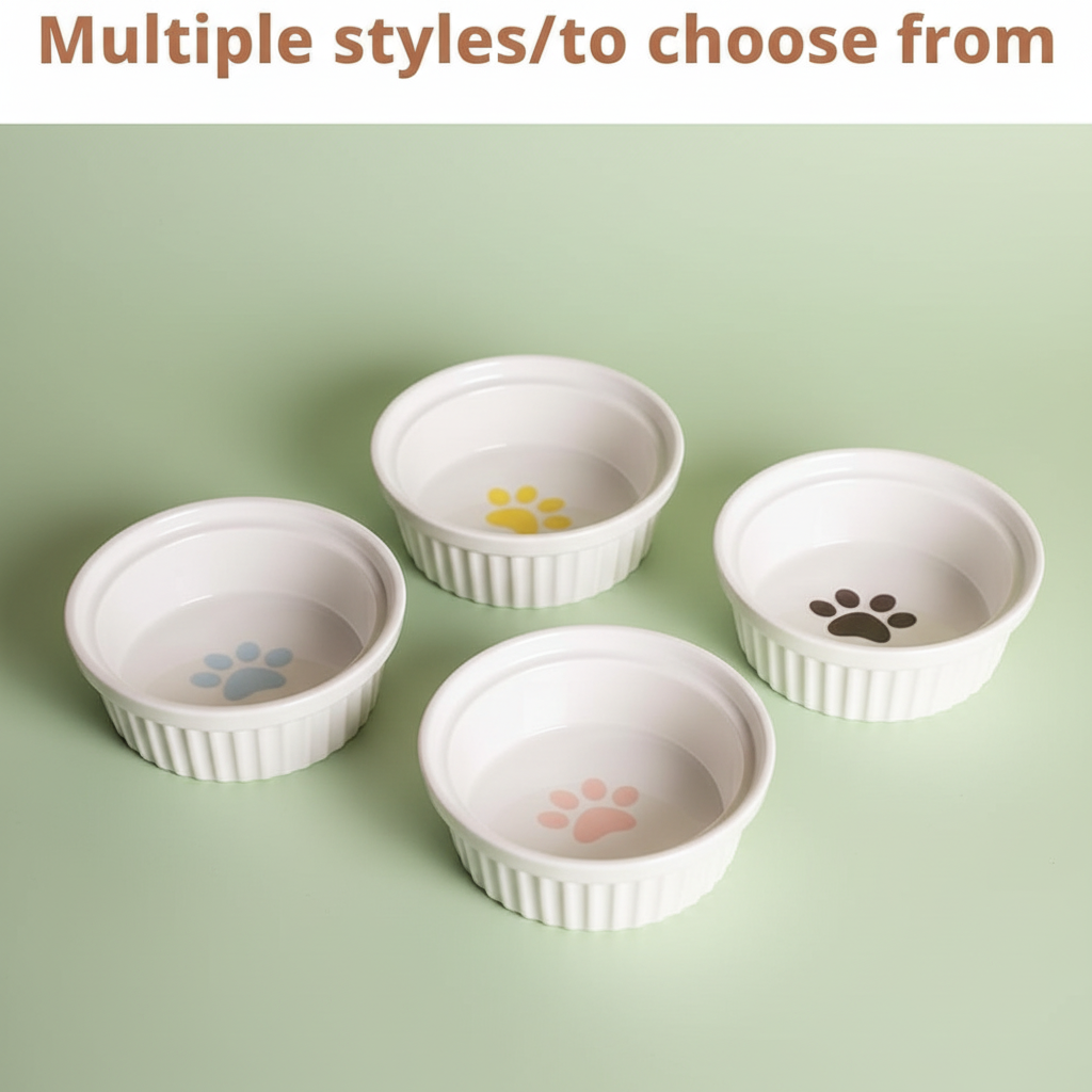 Ceramic pet bowls on light green backdrop