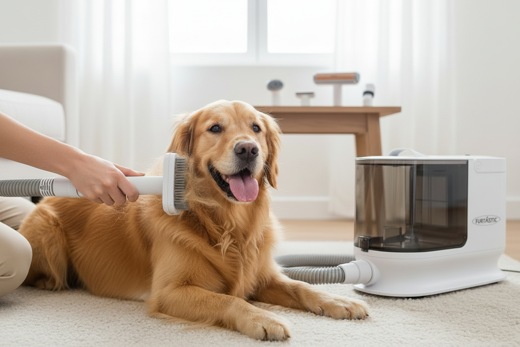 Dog being groomed with a brush by a person in a home setting