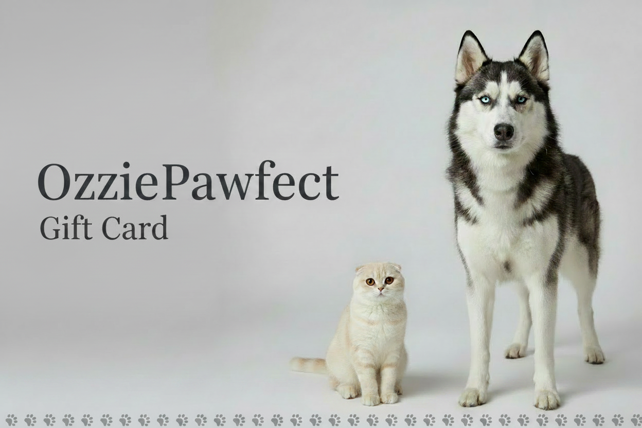 Dog and cat standing next to each other with 'OzziePawfect' gift card text on a light gray background