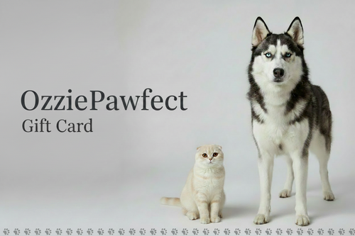 Dog and cat standing next to each other with 'OzziePawfect' gift card text on a light gray background
