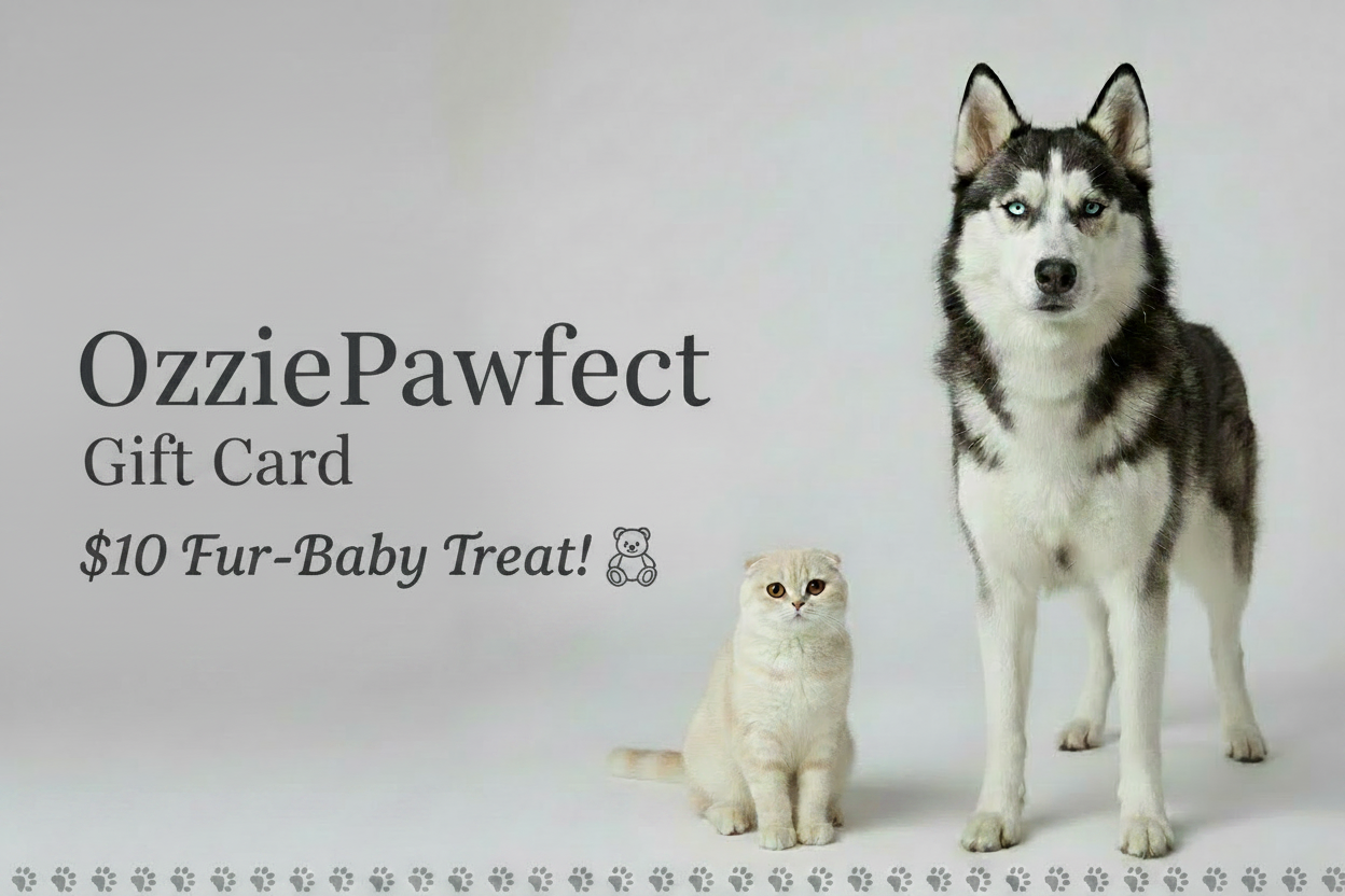 Dog and cat with 'OzziePawfect' gift card on a light gray background