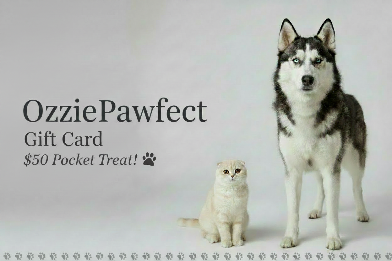 OzziePawfect gift card with a dog and cat on a white background