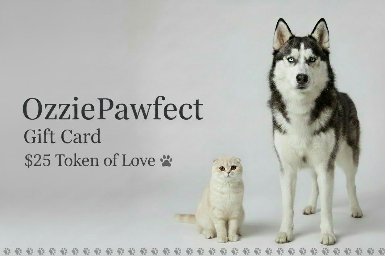 Dog and cat standing next to each other with 'OzziePawfect' gift card text on a light gray background