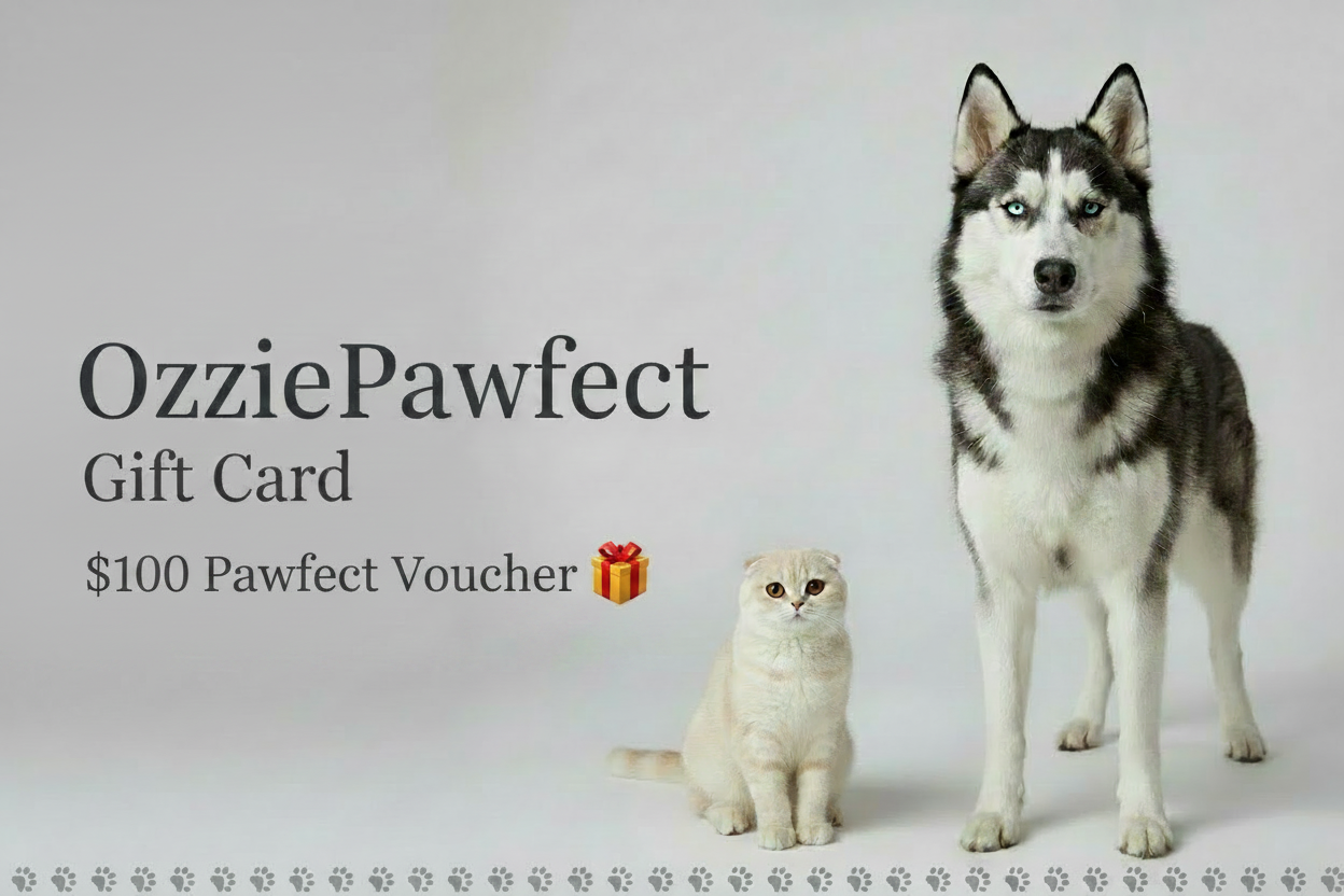 OzziePawfect gift card with a dog and cat on a light gray background