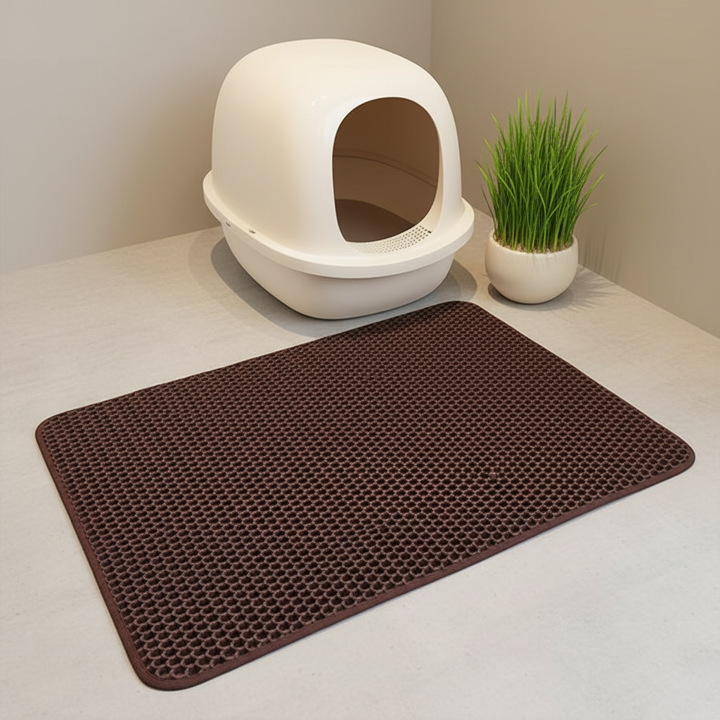 Cat litter box with a brown mat on a light surface