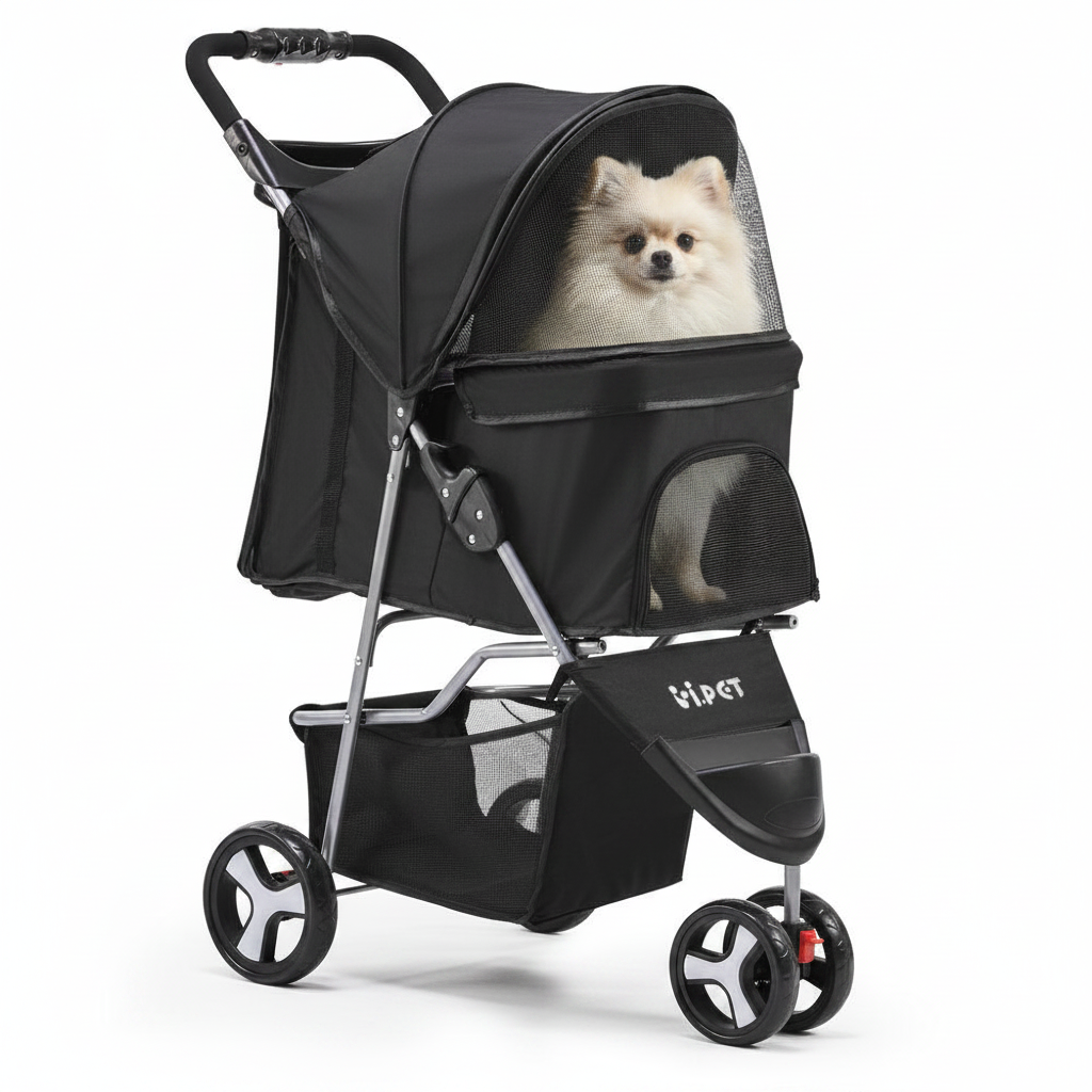 Black pet stroller with a small dog inside on a white background