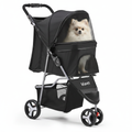 Black pet stroller with a small dog inside on a white background